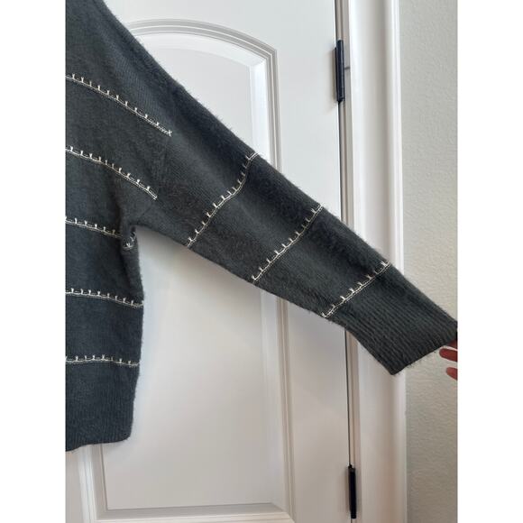 Torrid Gray Cozy Fuzzy Sweater with White/ Sliver Scallop Stitching Stripes - Picture 5 of 7